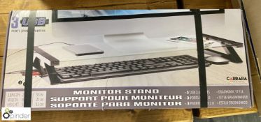 13 glass Monitor Stands, with integrated USB ports, boxed and unused (ground floor cafe)