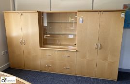Walnut Storage Unit, with 2 double door cupboards, glazed bookcase and 2 drawer lateral filing