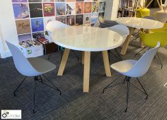 Gloss white topped circular Breakout Table, 1100mm diameter, with oak legs and 4 various breakout