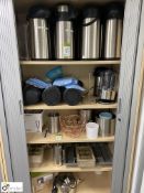 Contents to cabinet including 12 insulated Hot Drinks Flasks, Kettle, etc (first floor kitchen)