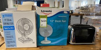 Pair Desk Fans, boxed and unused and 2-slot Toaste