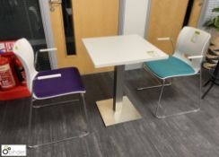 Square top Café Table, 600mm x 600mm, with brush steel base and 2 chrome framed Chairs (ground floor