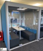 Glazed and upholstered floor standing Meeting Pod, 2150mm x 2150mm x 2240mm, with 2 sofas, table, HP