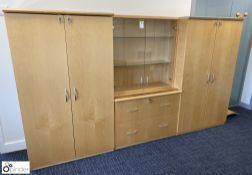 Walnut Storage Unit, with 2 double door cupboards, glazed bookcase and 2 drawer lateral filing