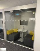 Acoustic self standing Meeting Pod, 2120mm x 1140mm x 2250mm, with 2 sofas, table, HP screen and