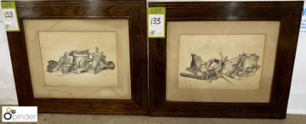 Pair walnut framed and glazed Pencil Drawings “Antique Cabinet Makers Tools” by William Bromhead,