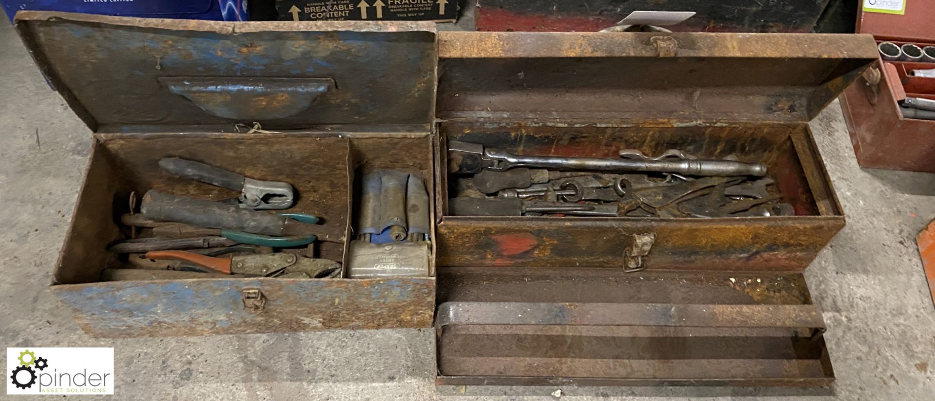 2 steel Tool Boxes and Contents, including socket wrenches, mole grips, spanners