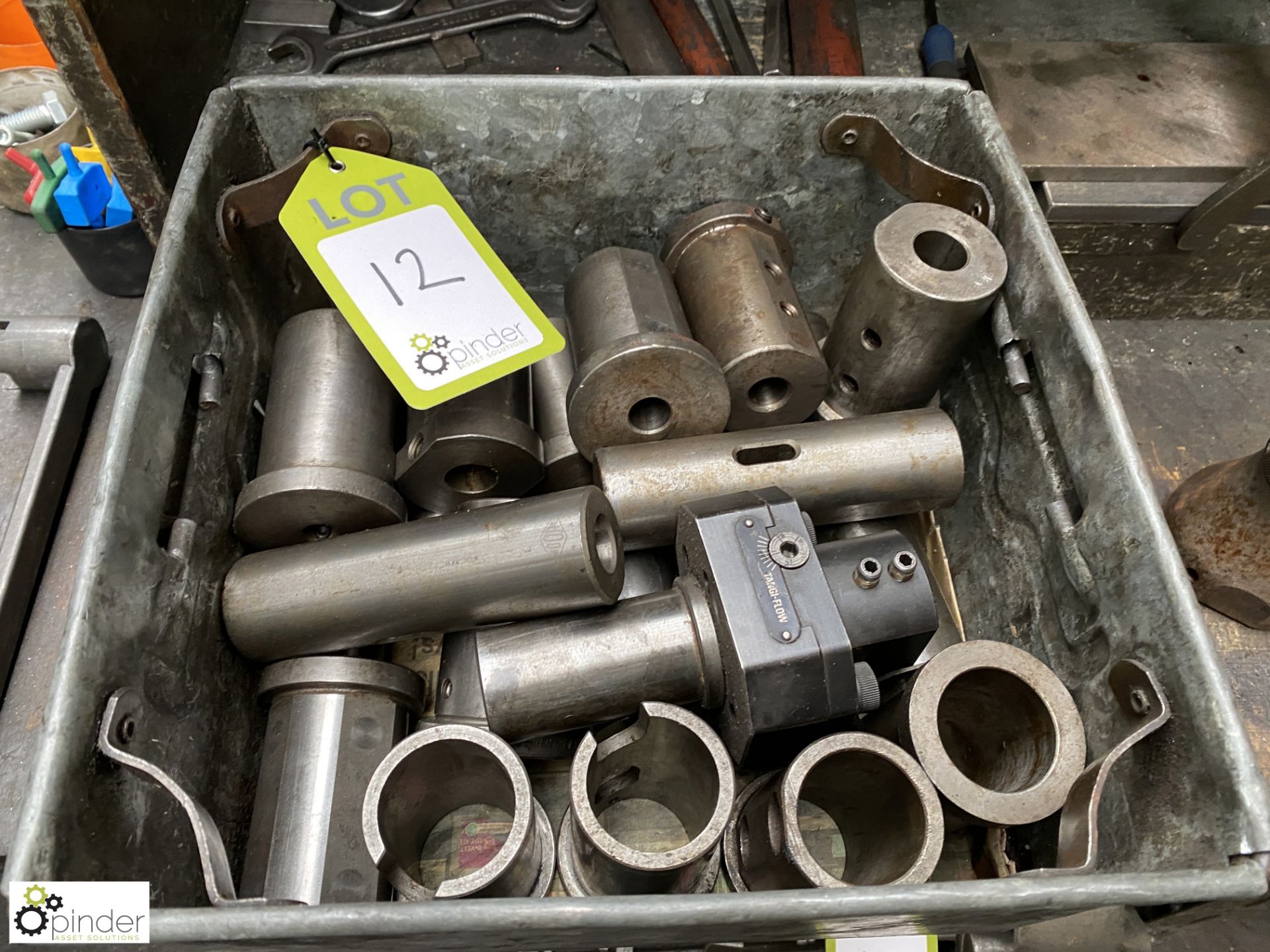 Quantity various Spacer Bars, Tool Holders, Collars, 2 Workbenches, Cabinet and 6in Engineers Vice - Image 2 of 10