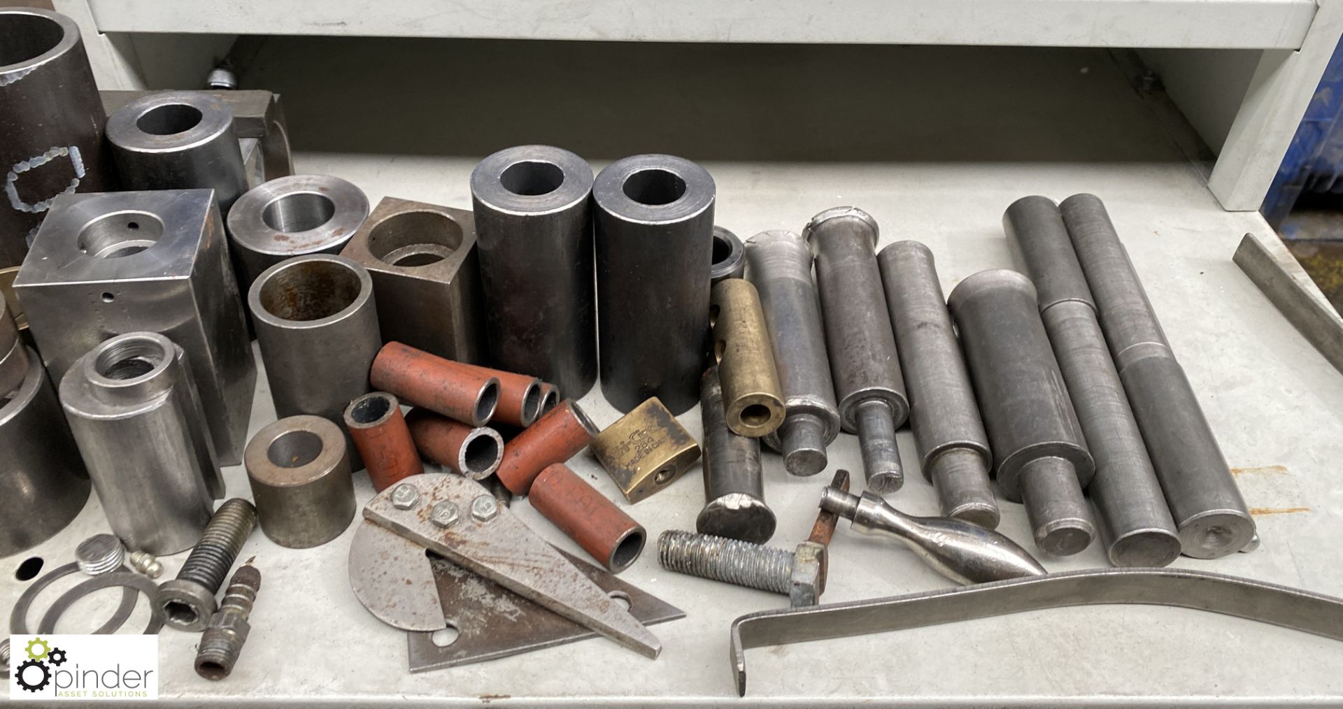 Quantity various Spacer Bars, Tool Holders, Collars, 2 Workbenches, Cabinet and 6in Engineers Vice - Image 9 of 10