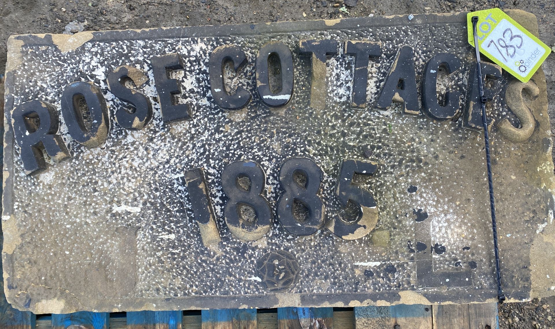 A Yorkshire stone Name Plaque with carved relief letters and numbers “Rose Cottages 1885”, approx.