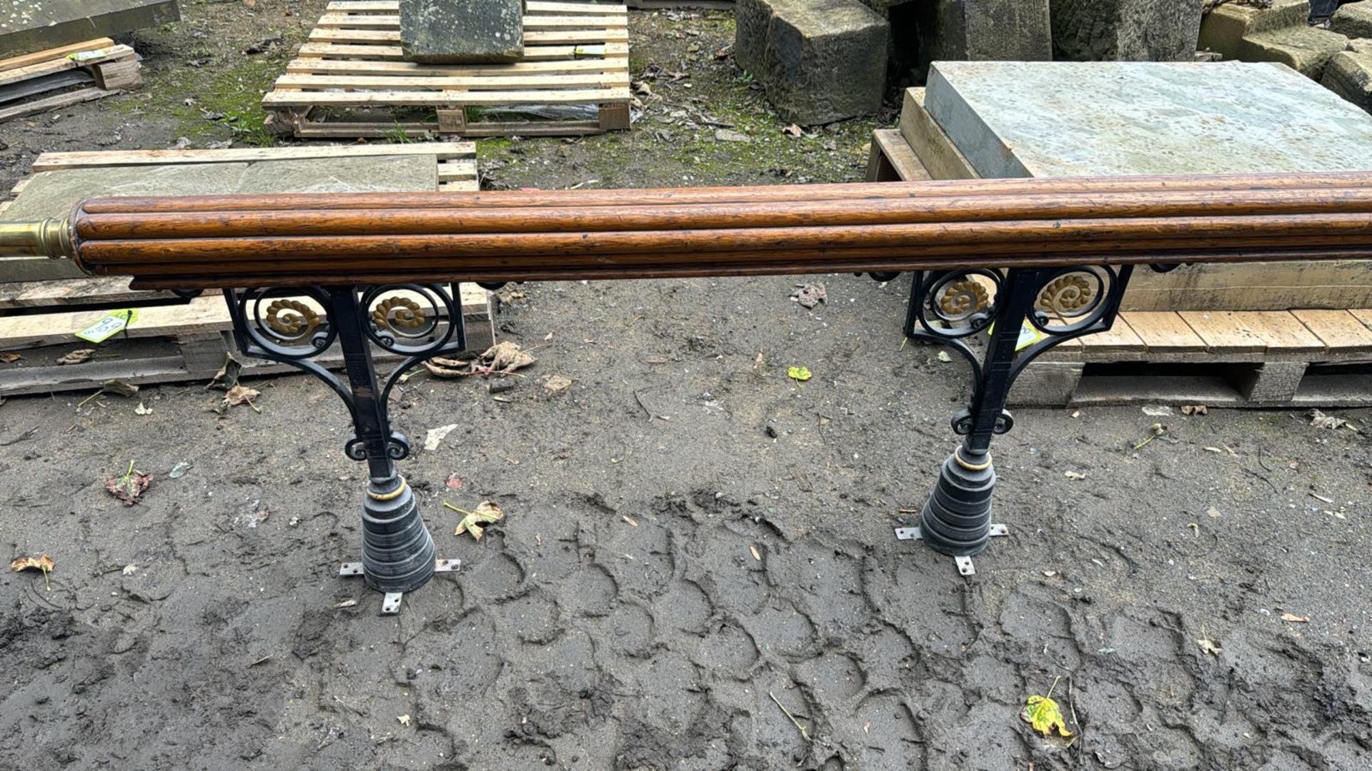 A oak and wrought iron Alter Rail, with brass pole - Image 3 of 6