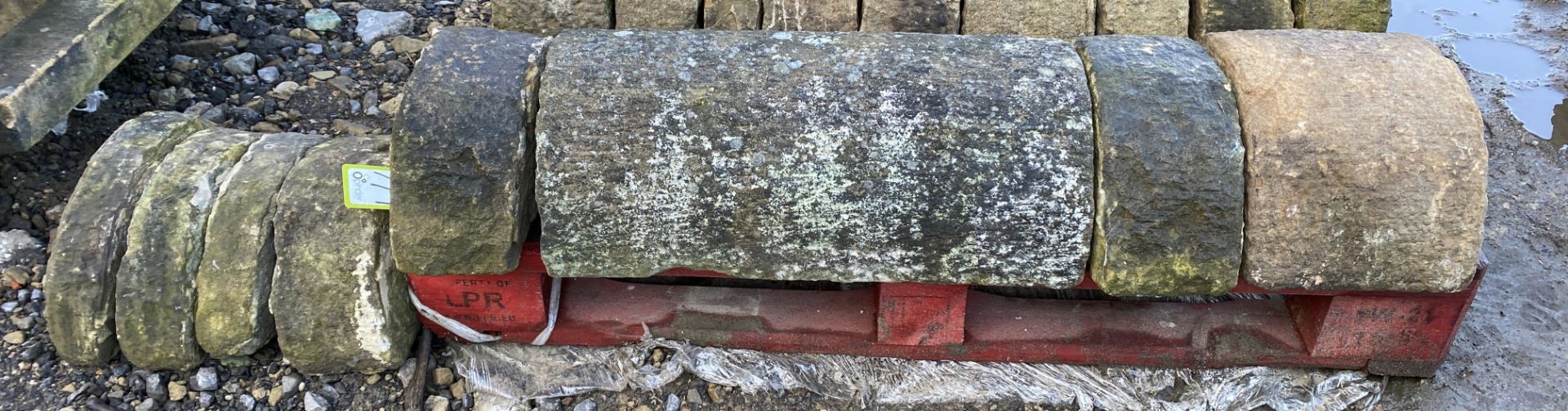 A run of 1.5 linear metres reclaimed Yorkshire stone bullnose half round wall Coping, approx. 7in