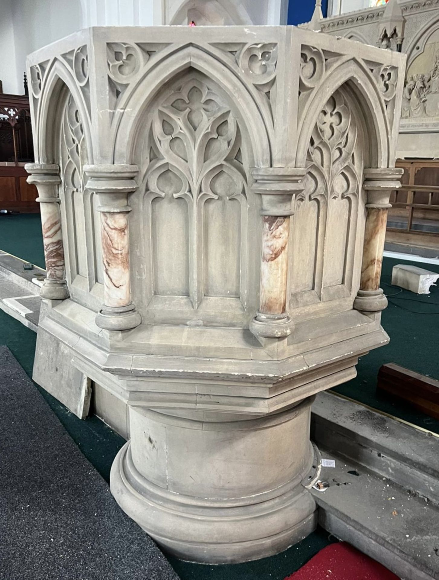 Hand carved gothic limestone Pulpit with alabaster - Image 6 of 11