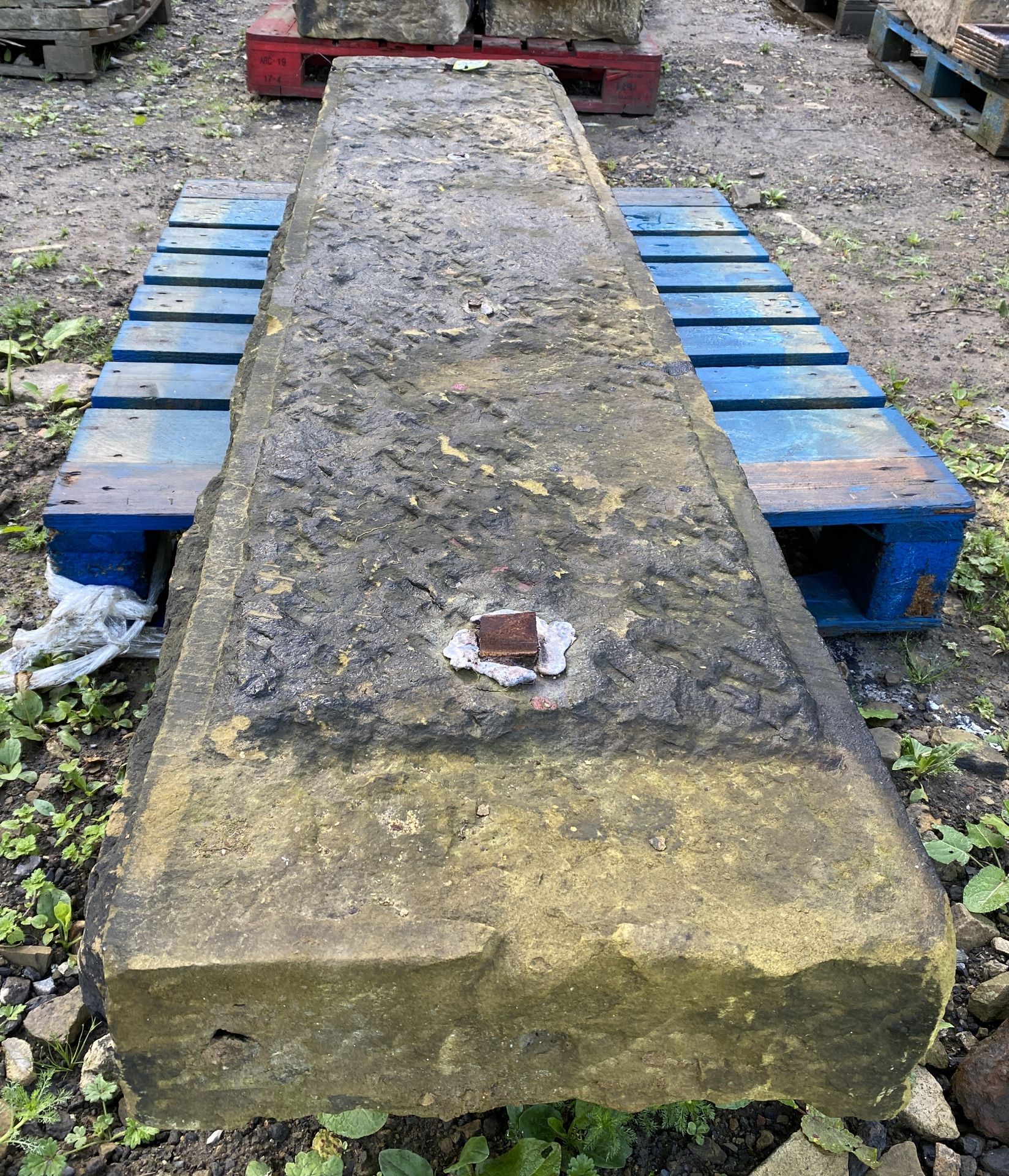 A large piece of Victorian Yorkshire stone Coping with droughted corners, approx. 6in high x 18in - Image 4 of 5