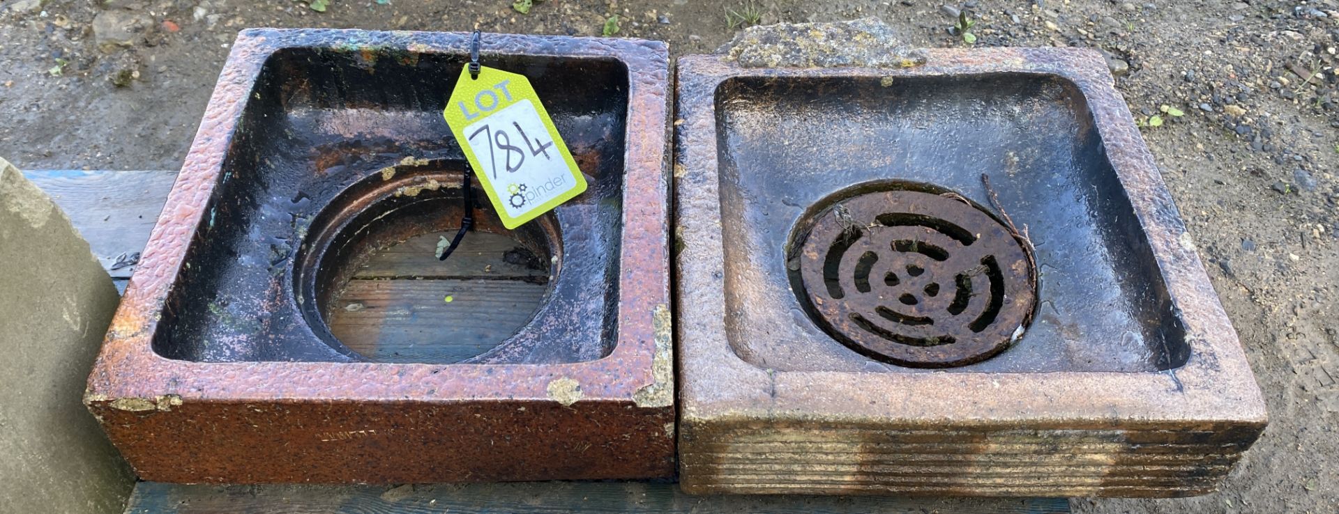 A pair of Victorian salt glazed terracotta Drain Gullies, 1 with original cast iron drain cover,