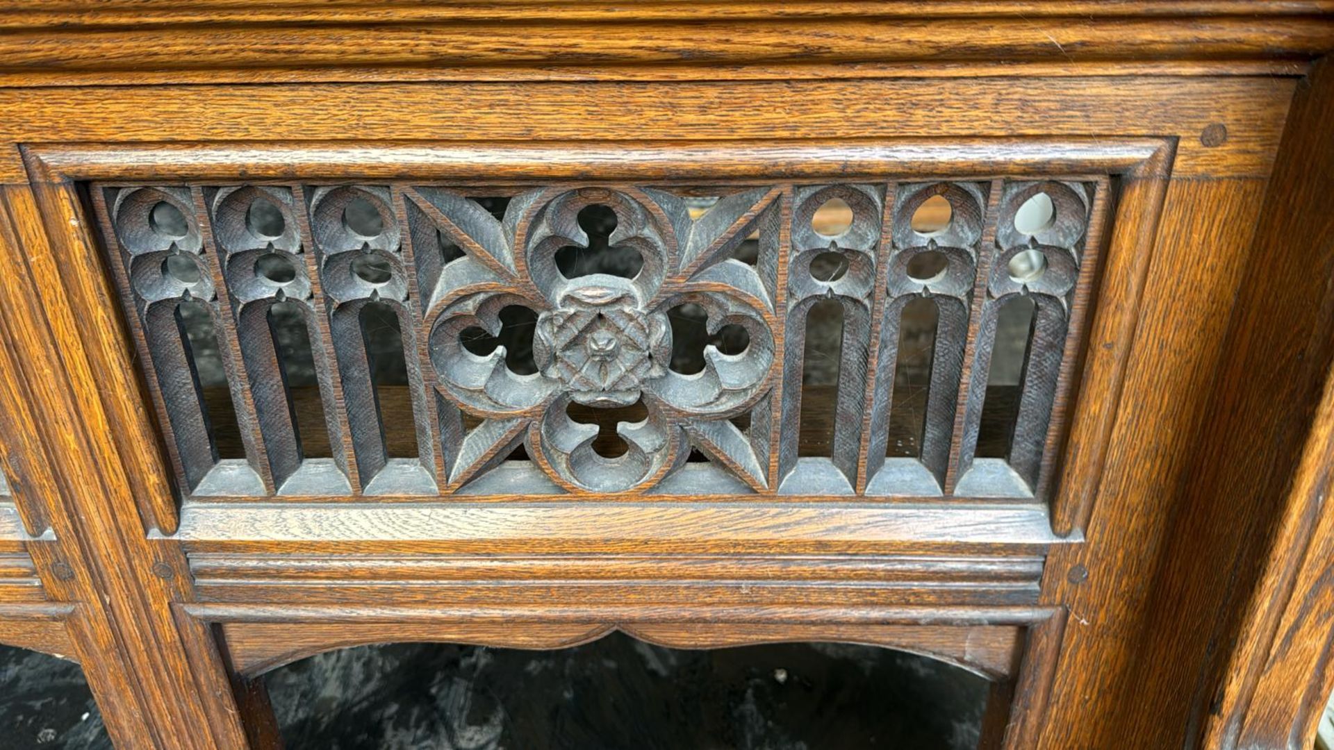 A carved gothic oak Pew Front, 32in high x 12in wi - Image 2 of 5