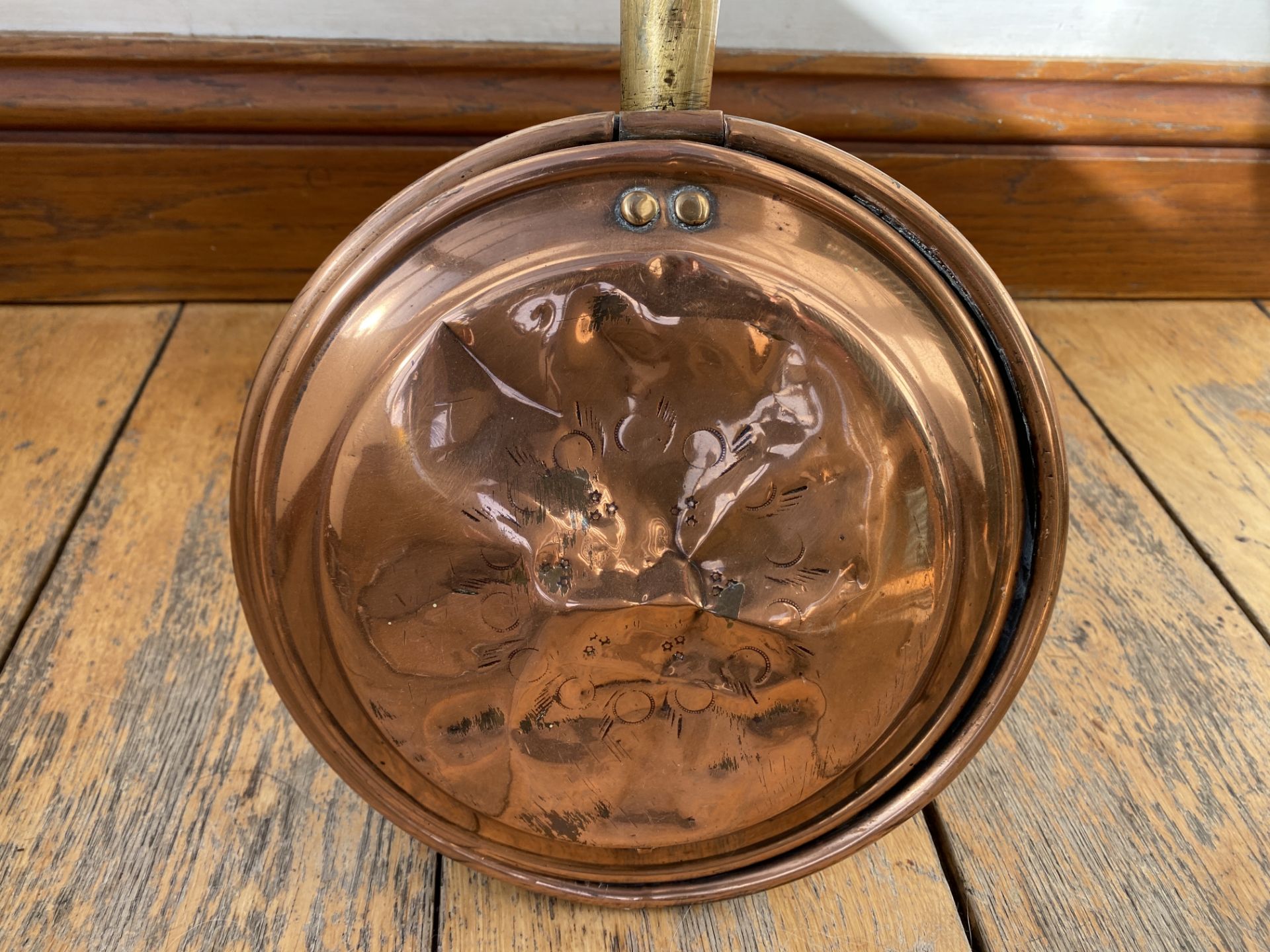 An original Victorian copper and wood bed Warming - Image 2 of 7