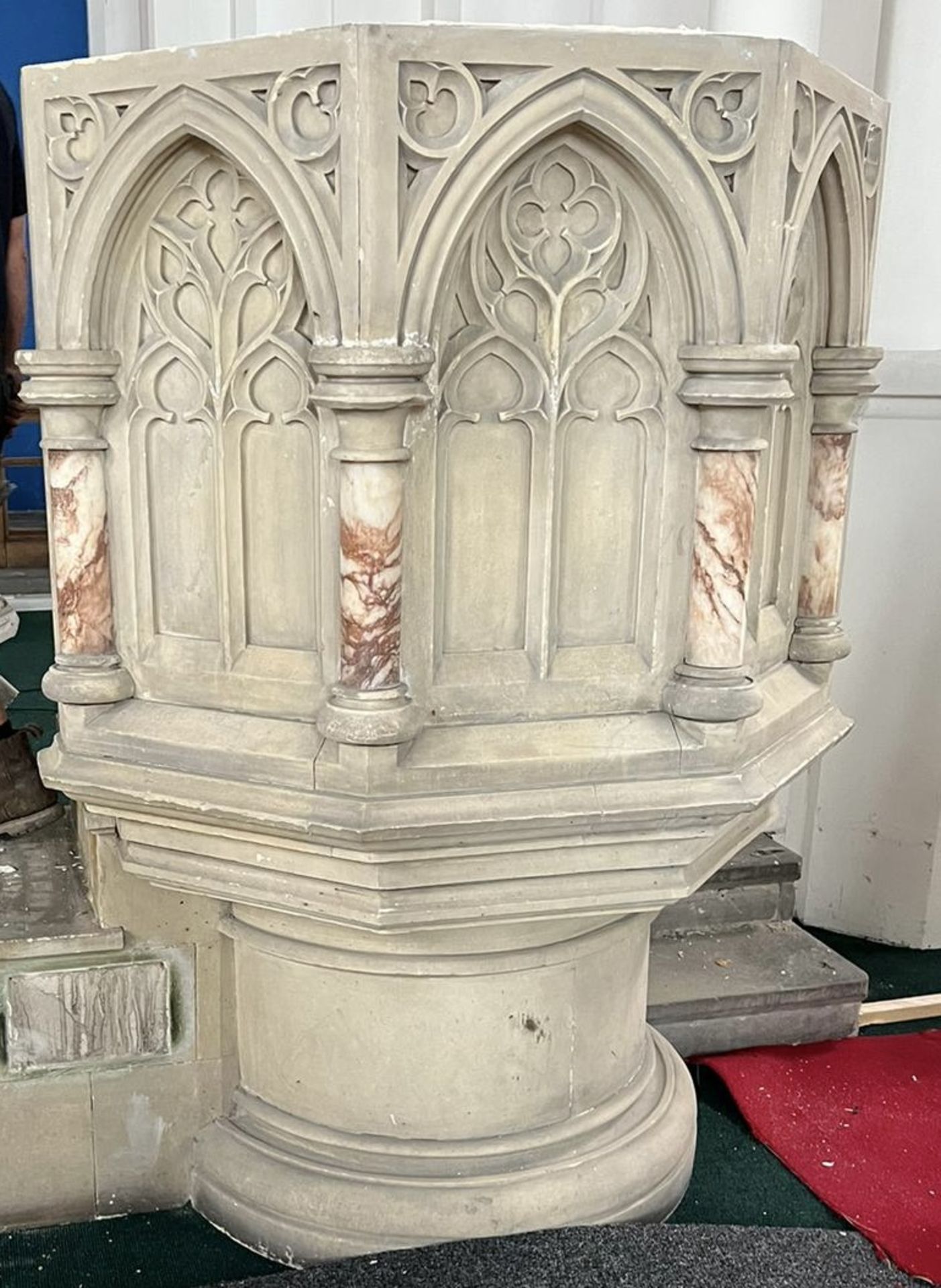 Hand carved gothic limestone Pulpit with alabaster - Image 3 of 11