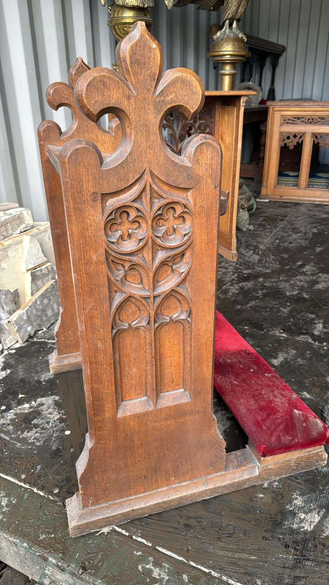 A carved gothic oak Hassock, with Fleur de Lis fin - Image 2 of 5