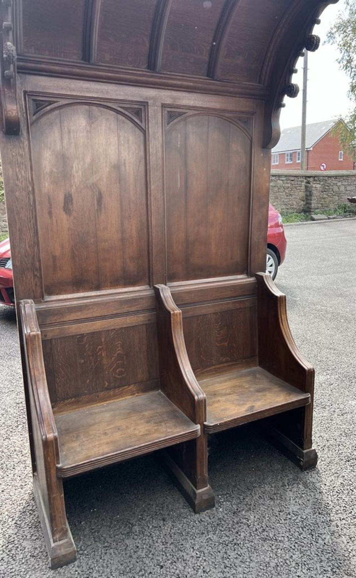 A hand carved gothic oak 2-seater Settle/Pew with - Image 2 of 12