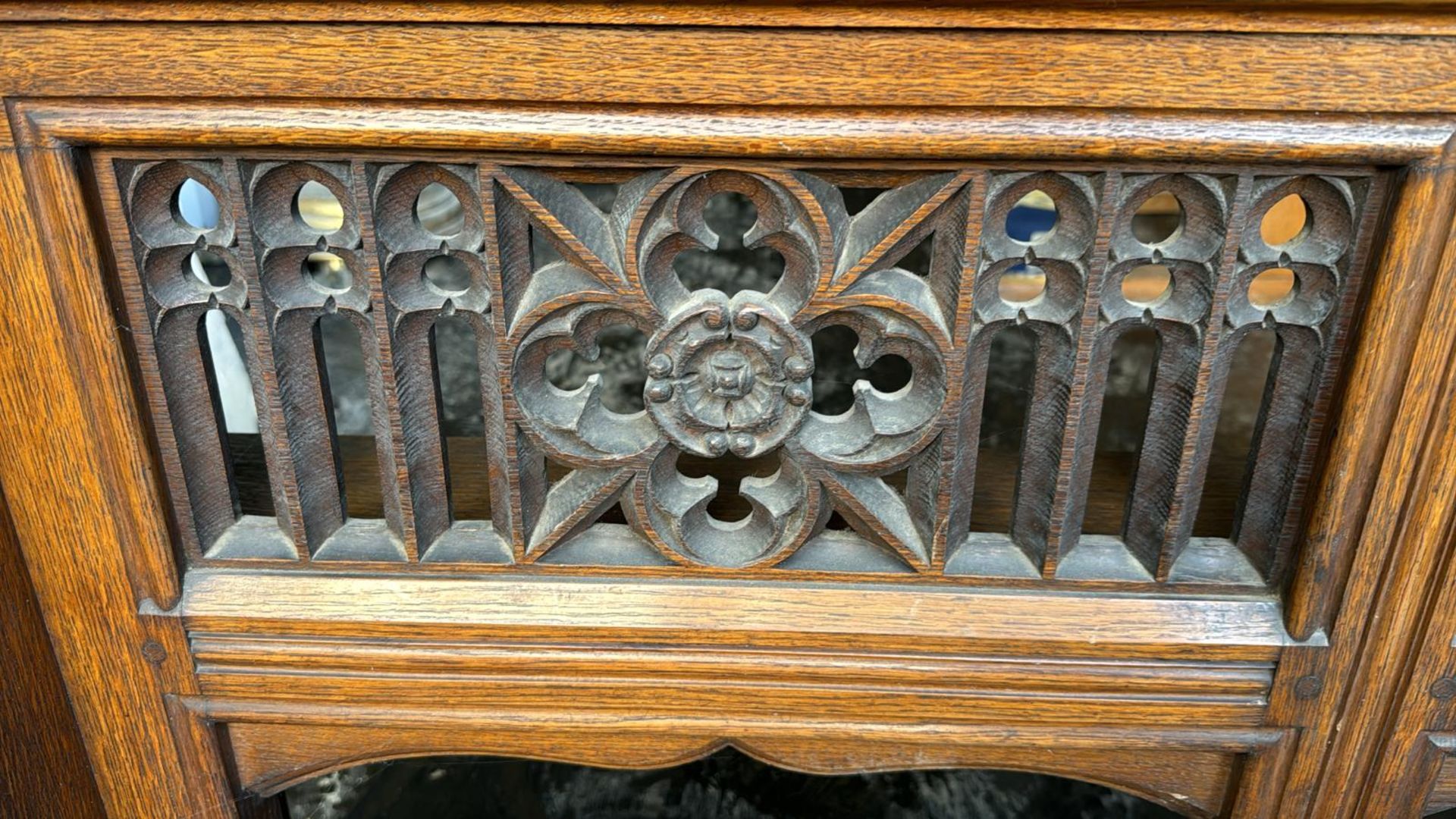 A carved gothic oak Pew Front, 32in high x 12in wi - Image 3 of 5