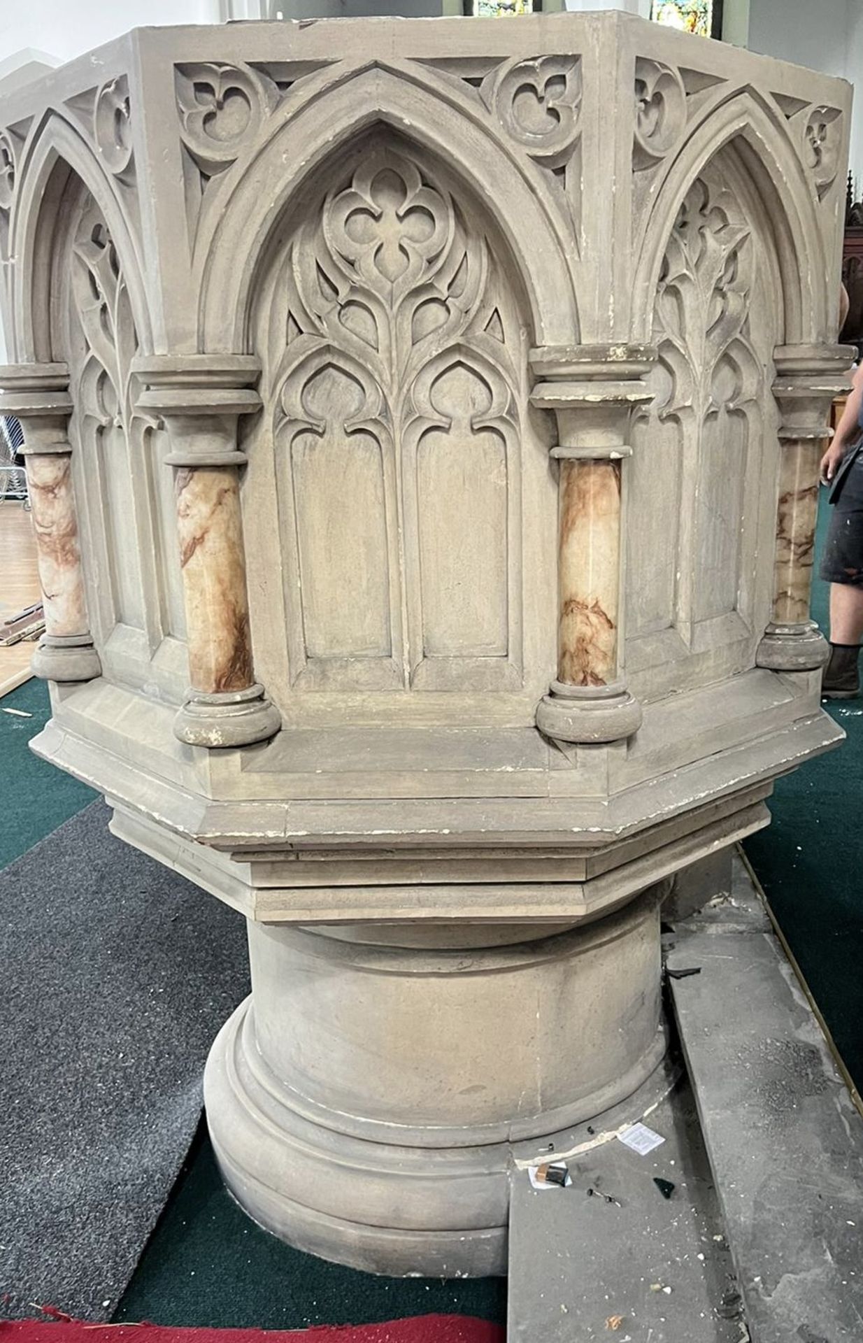 Hand carved gothic limestone Pulpit with alabaster - Image 5 of 11