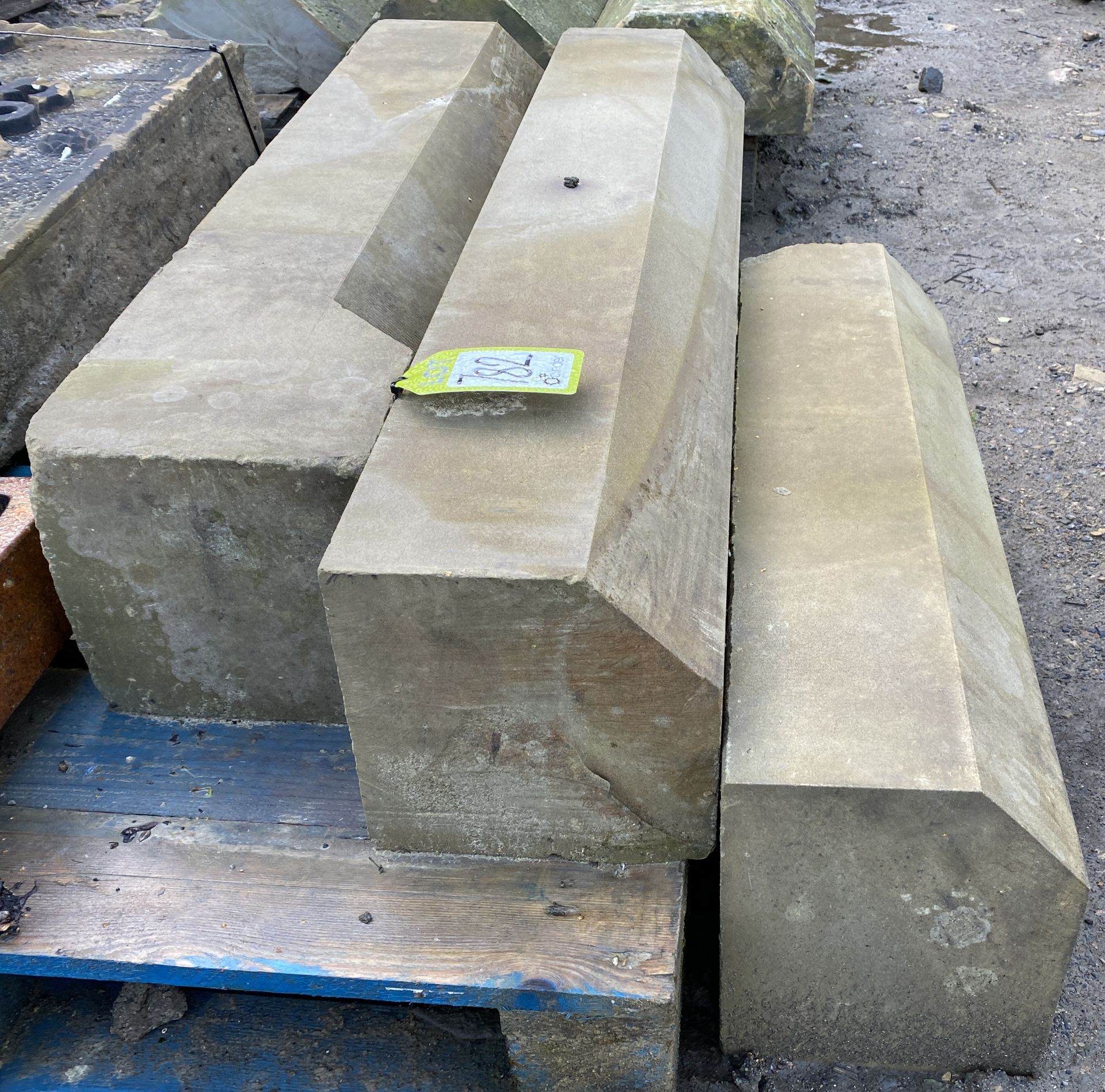 3 lengths of reclaimed Yorkshire stone wall Coping with chamfered edge, approx. 8in high x 8in - Image 4 of 6