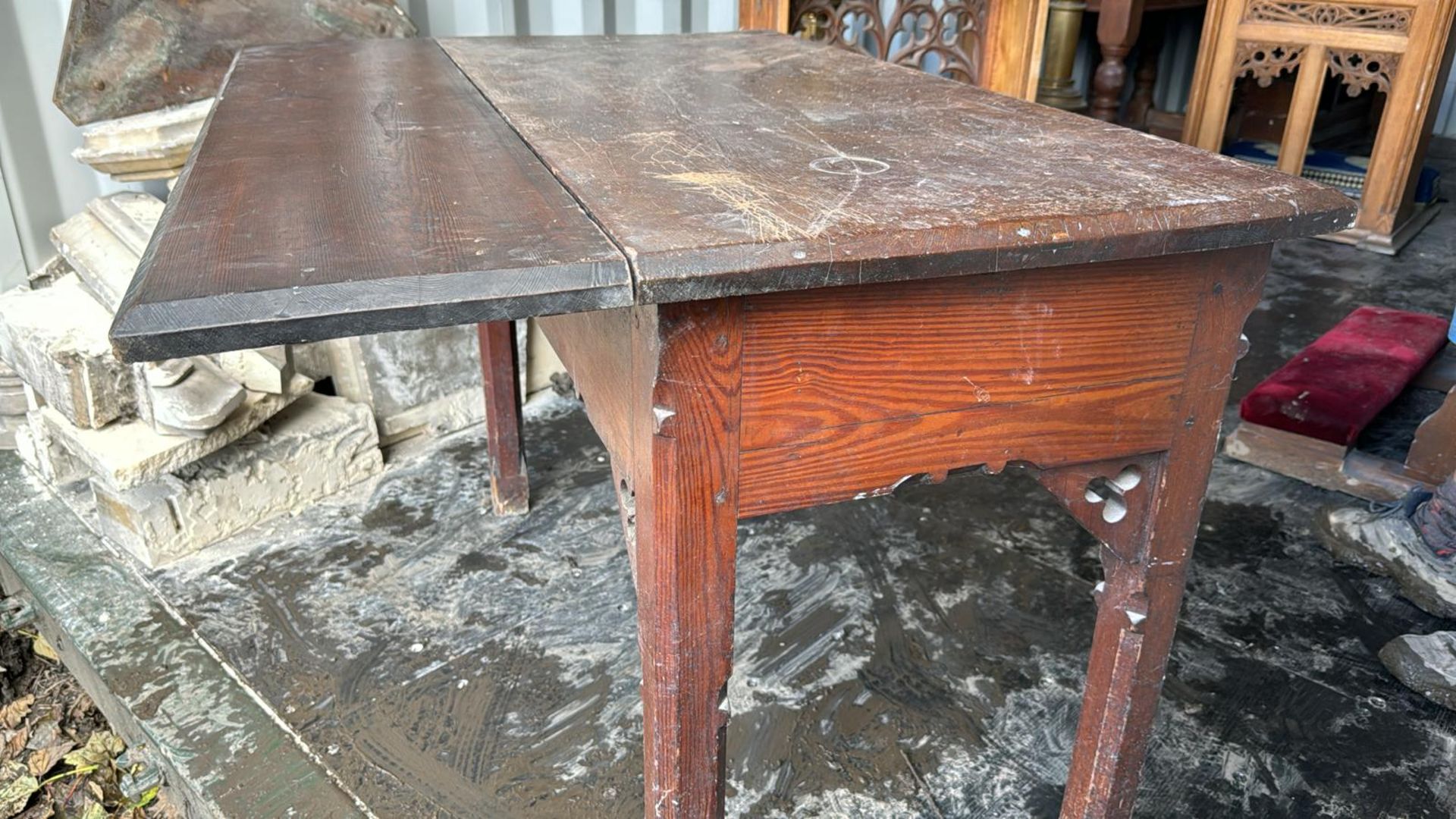 A gothic pitch pine Pembrook Table, with trifoil d - Image 6 of 7