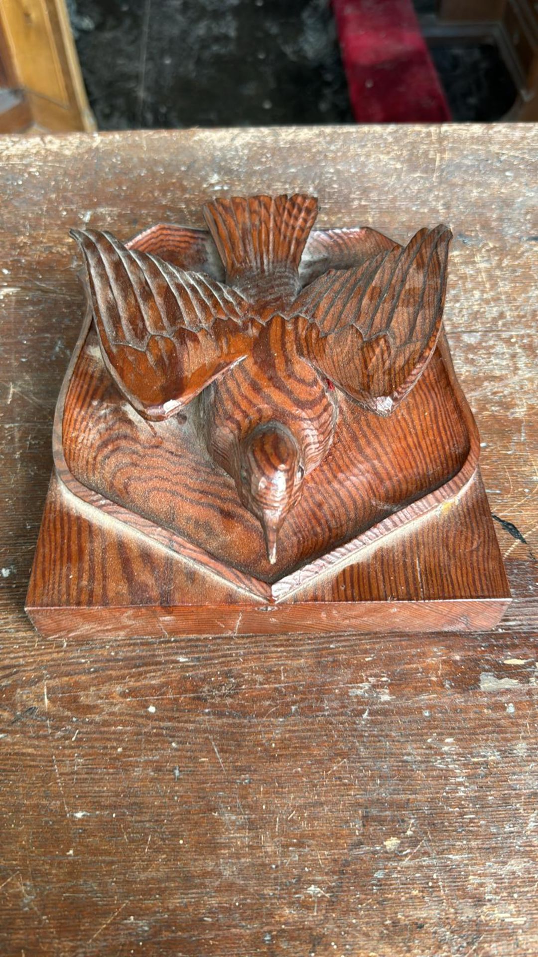 Hand carved pitch pine Carving, of a song bird on