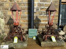 A pair of Pier Cap Lamps with wrought iron scroll