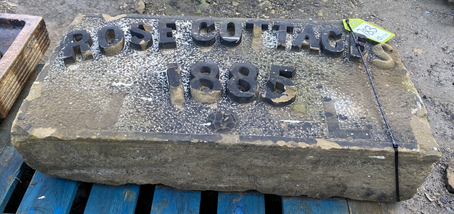 A Yorkshire stone Name Plaque with carved relief letters and numbers “Rose Cottages 1885”, approx. - Image 2 of 4