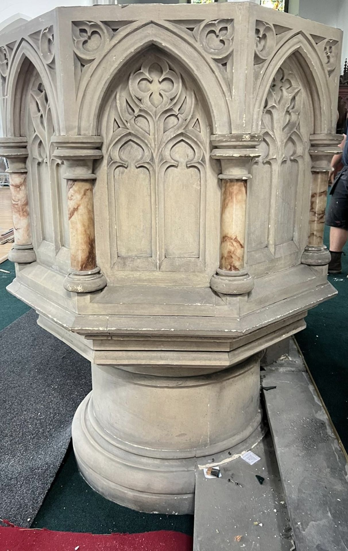 Hand carved gothic limestone Pulpit with alabaster - Image 9 of 11