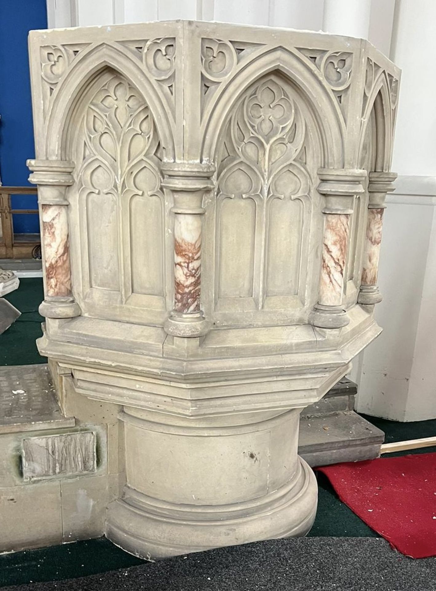 Hand carved gothic limestone Pulpit with alabaster - Image 10 of 11