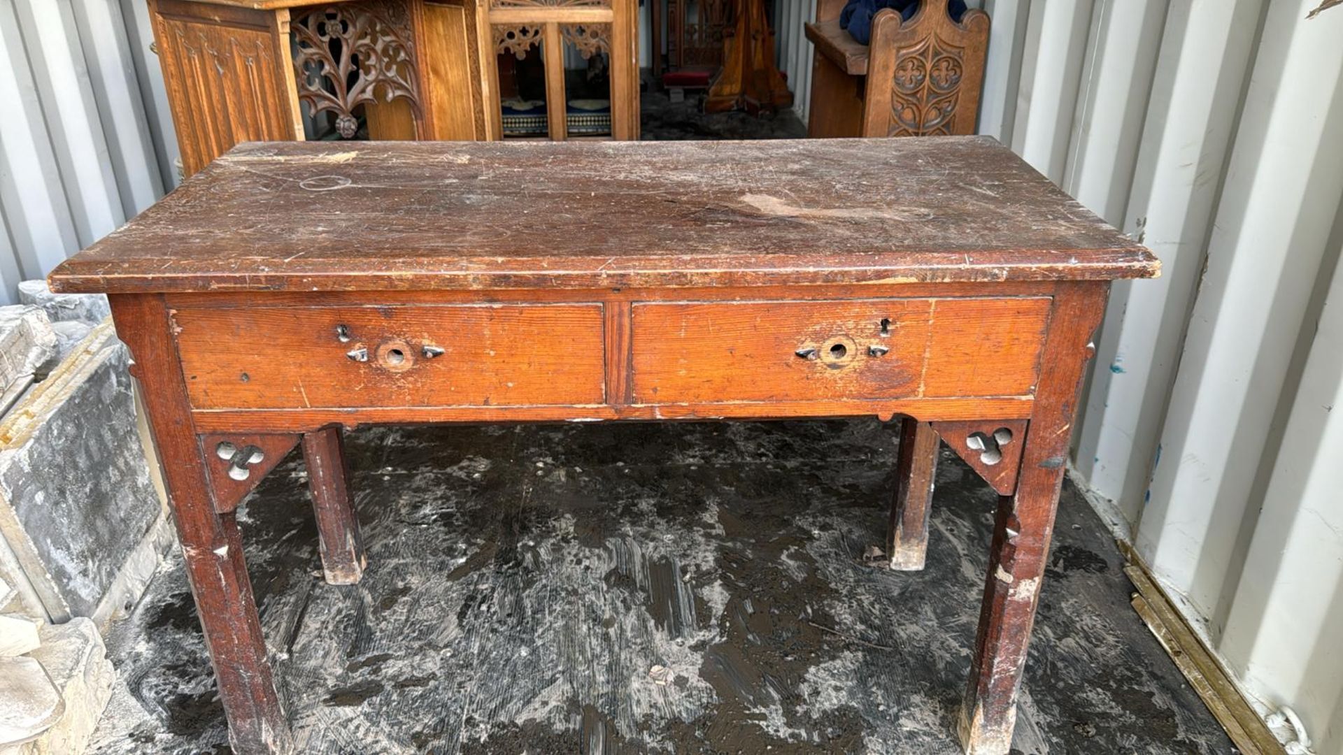 A gothic pitch pine Pembrook Table, with trifoil d