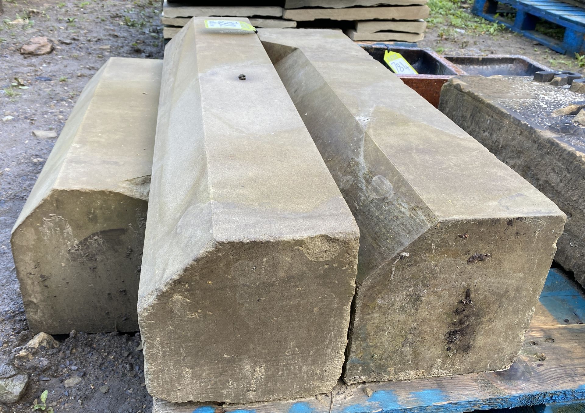 3 lengths of reclaimed Yorkshire stone wall Coping with chamfered edge, approx. 8in high x 8in - Image 3 of 6