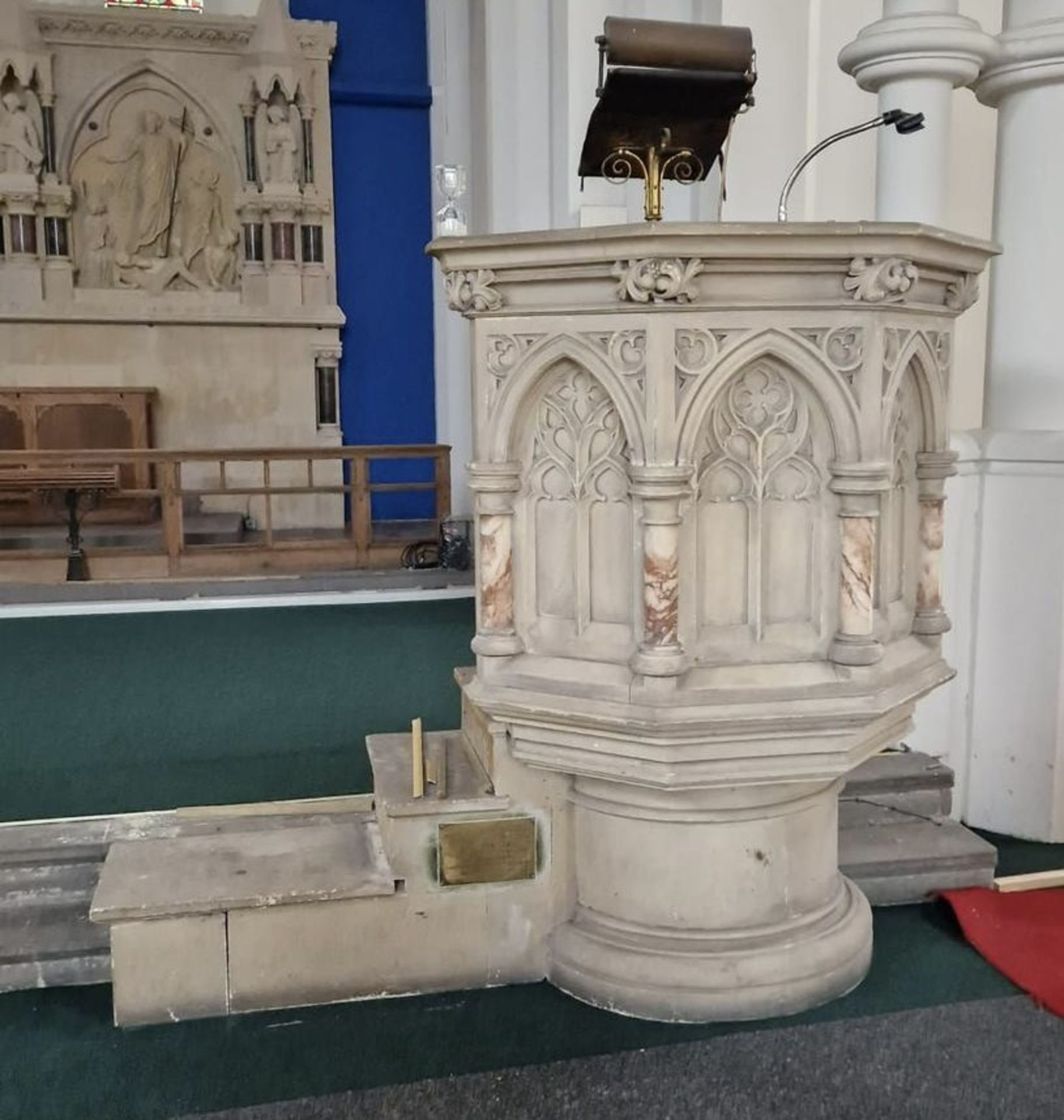 Hand carved gothic limestone Pulpit with alabaster