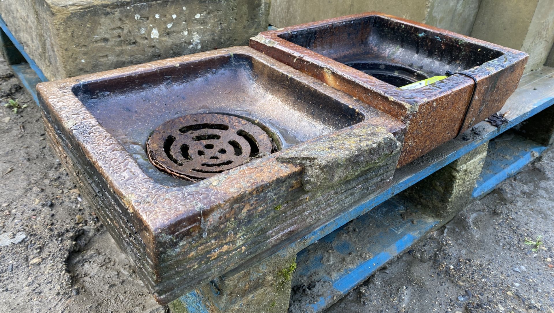 A pair of Victorian salt glazed terracotta Drain Gullies, 1 with original cast iron drain cover, - Image 3 of 4