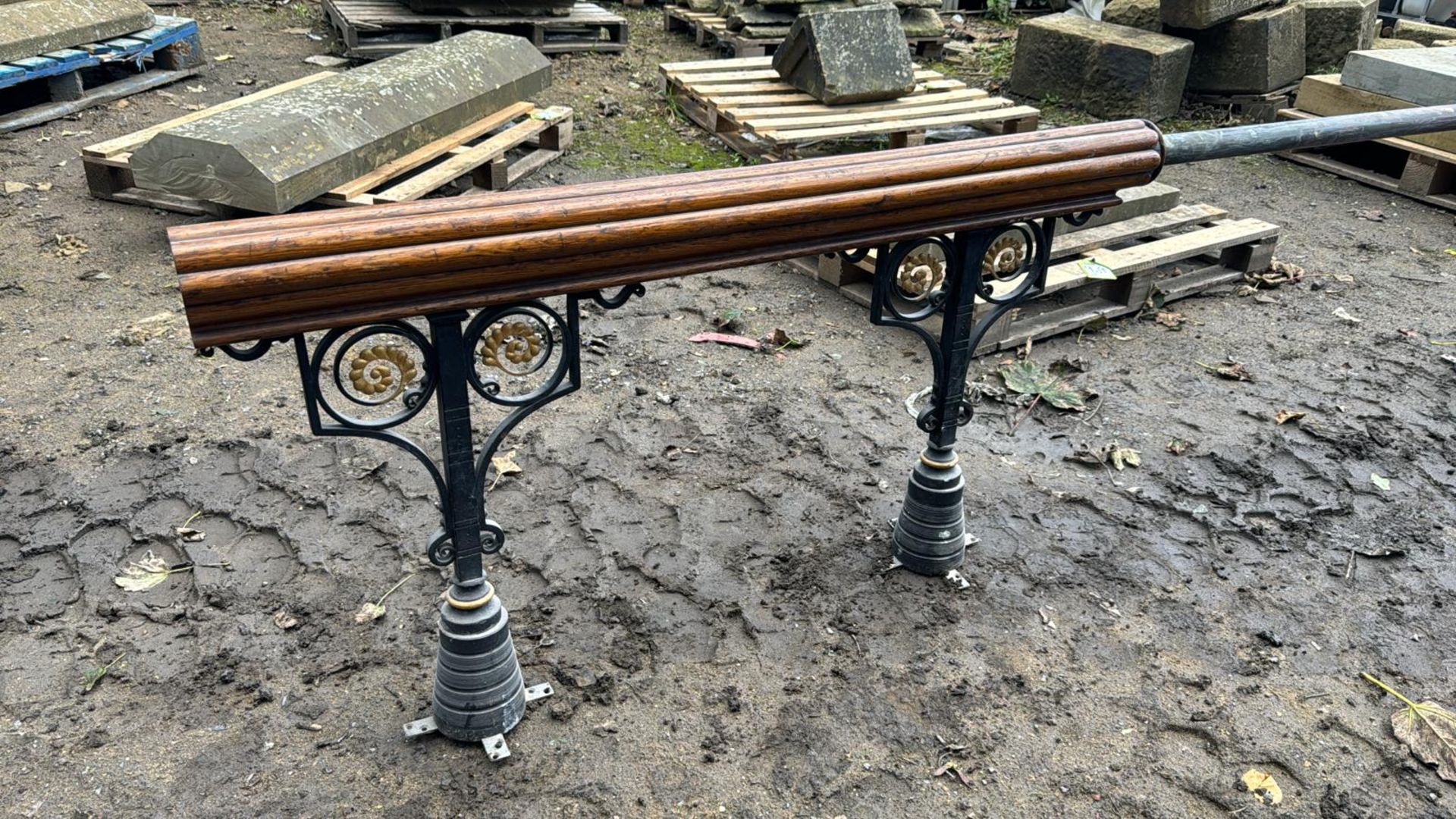 A oak and wrought iron Alter Rail, with brass pole