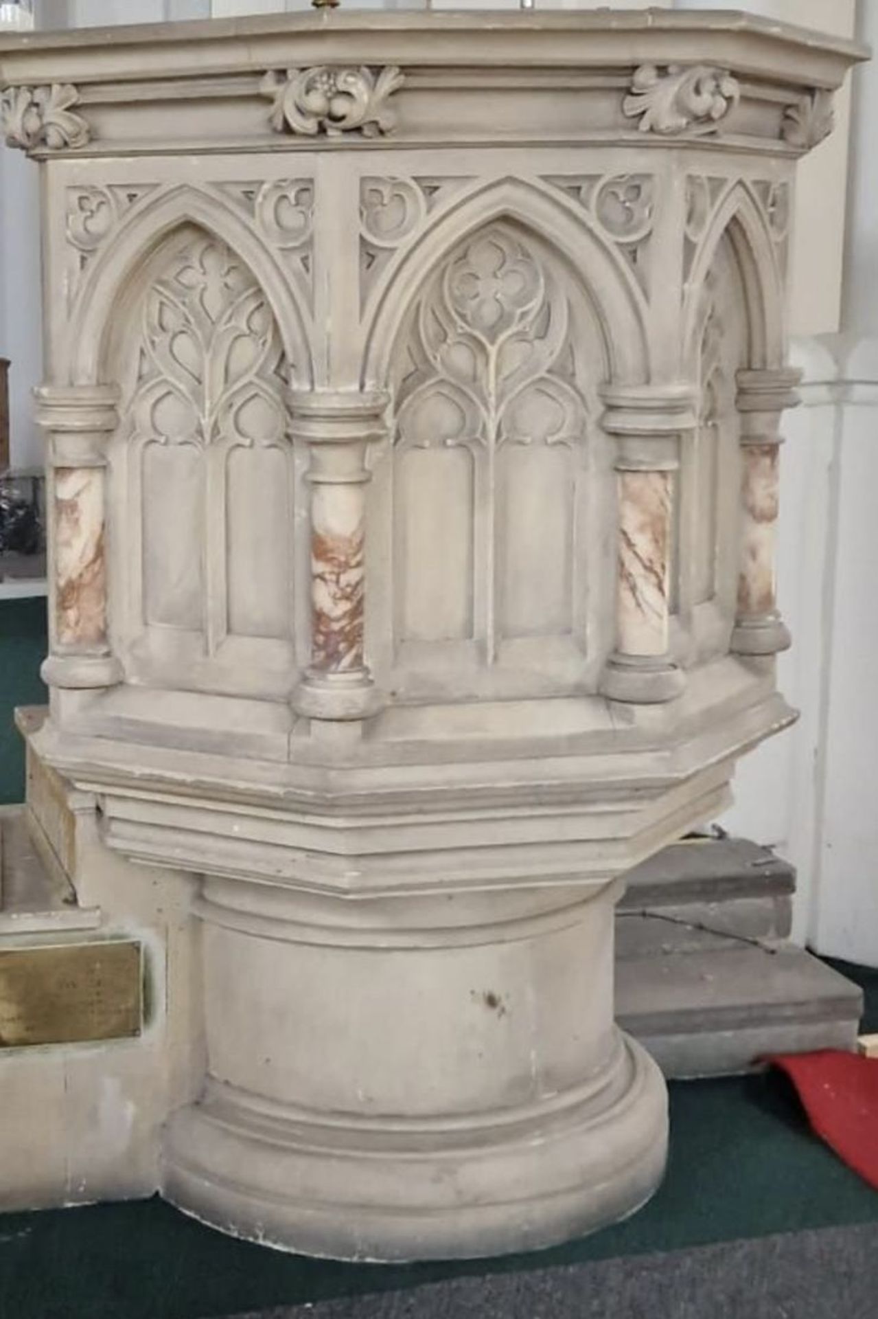 Hand carved gothic limestone Pulpit with alabaster - Image 7 of 11