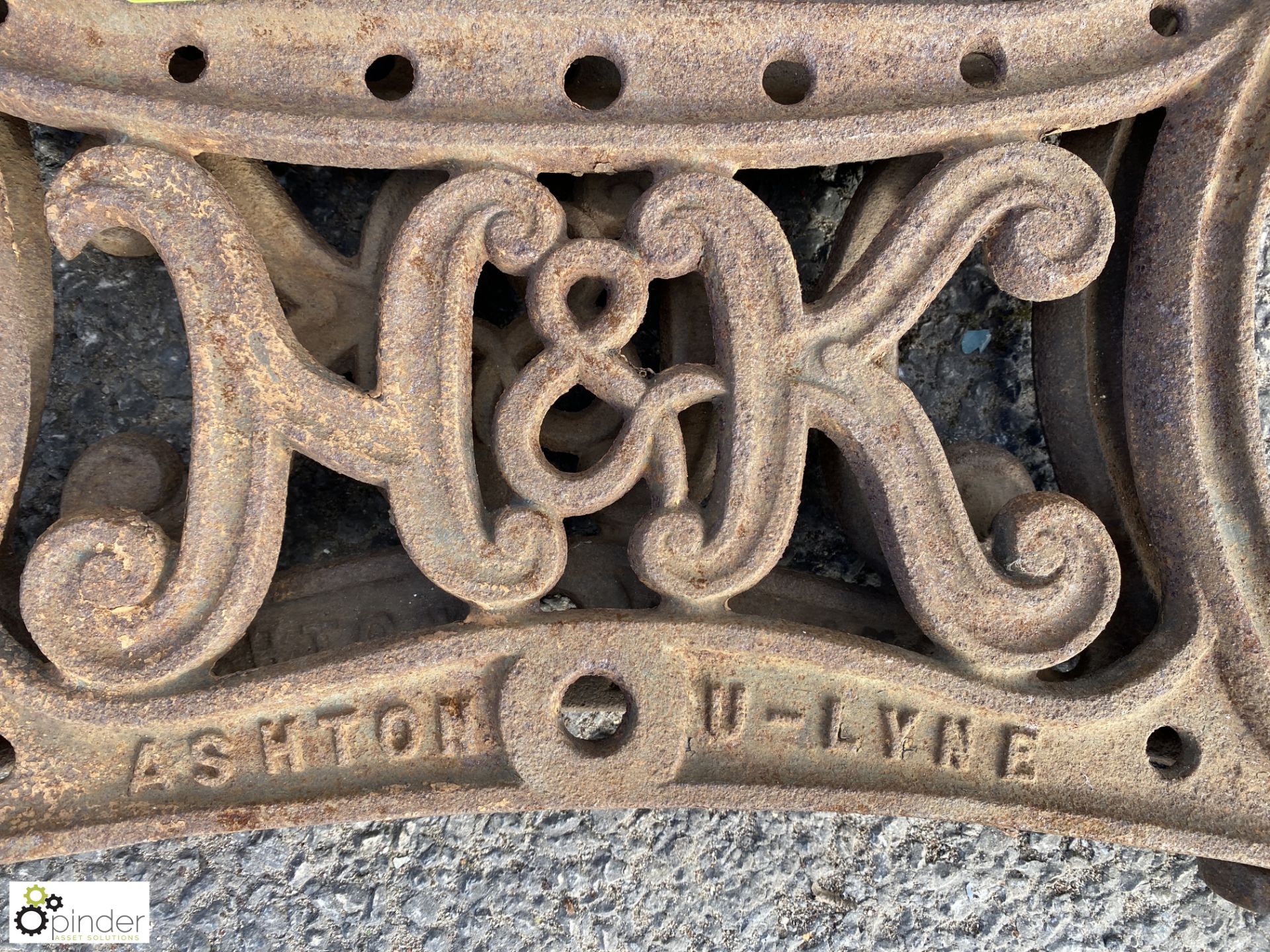 Pair cast iron Seat Base Frames, inscribed “H & K Ashton U-Lyne” - Image 2 of 4