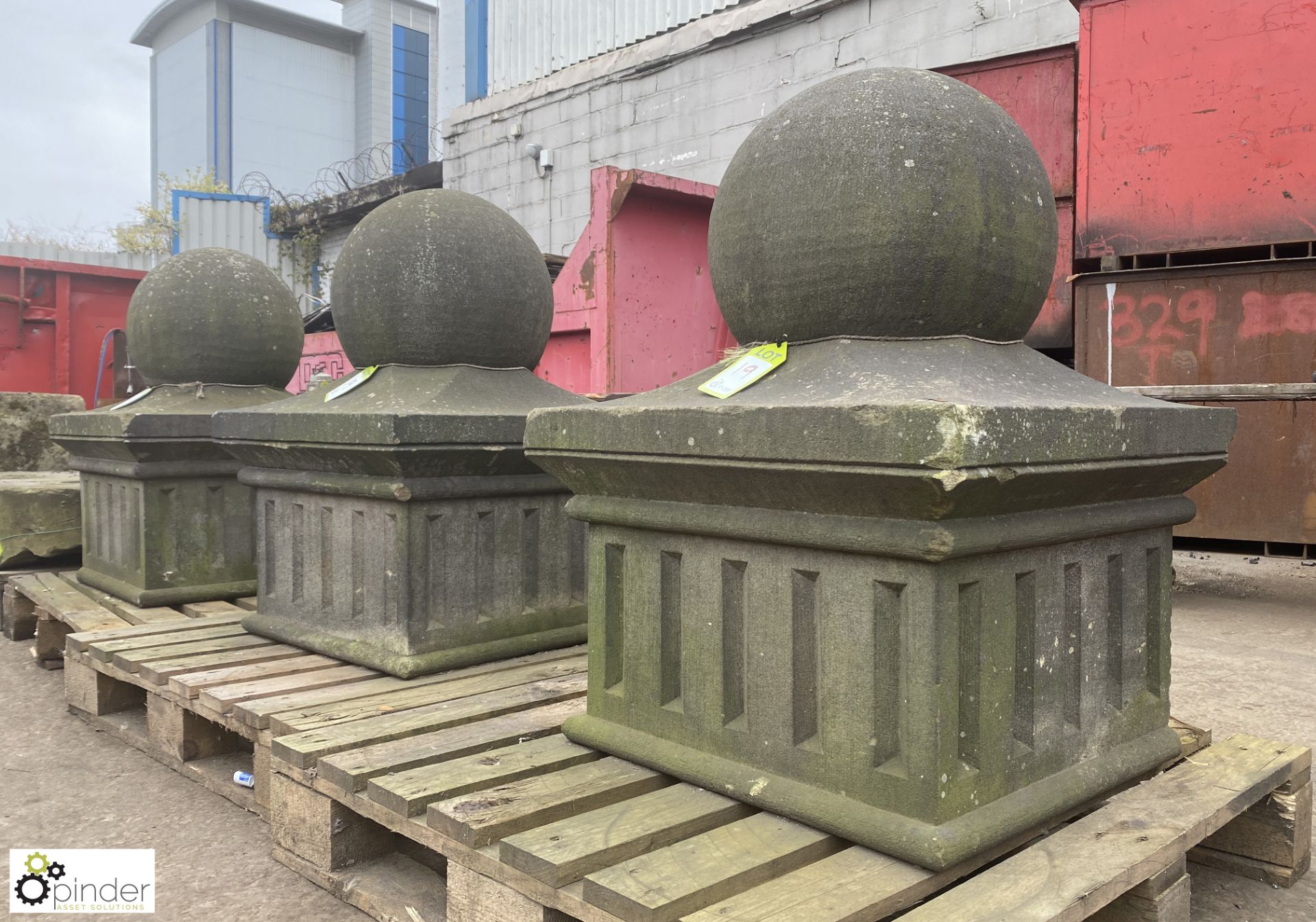 Set 3 Yorkshire stone Gate Post Pier Caps, with ball top, base 600mm x 600mm, 900mm tall