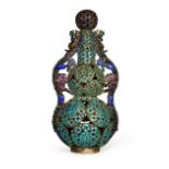 A CHINESE GILT SILVER ENAMEL DOUBLE GUORD "DRAGON HANDLE" BOTTLE, 19TH CENTURY