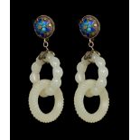 A PAIR OF CHINESE WHITE JADE HOOP EARRINGS, SET ON SILVER & ENAMEL, 19TH/20TH CENTURY