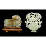 A CHINESE RUSSET JADE RECUMBENT HORSE & WHITE JADE "FLOWER" PLAQUE, 18TH CENTURY