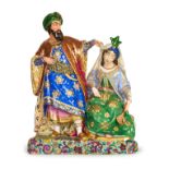 A LARGE PAIR OF A SULTAN & SULTANA FIGURES IN CEREMONIAL CLOTHING FIGURINE, JACOB PETIT, DATED 1844,