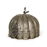 A LARGE SILVER INDIAN DOME SHAPED ENGRAVED BOX WITH A PEACOCK TOP, 19TH/20TH CENTURY