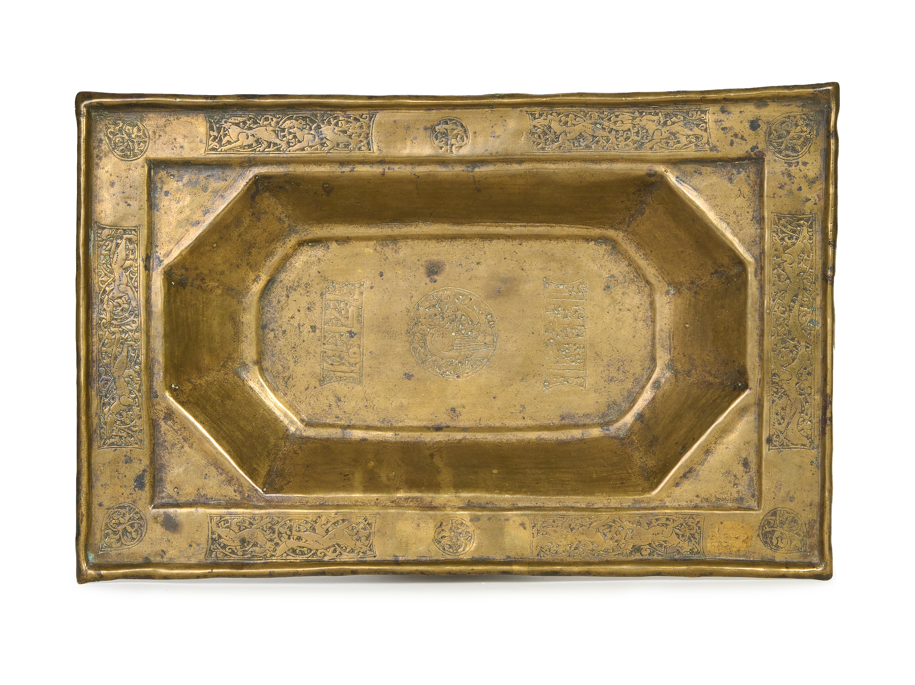 A FINE KHORASAN SILVER INLAID BRASS TRAY, PERSIA, 12TH CENTURY