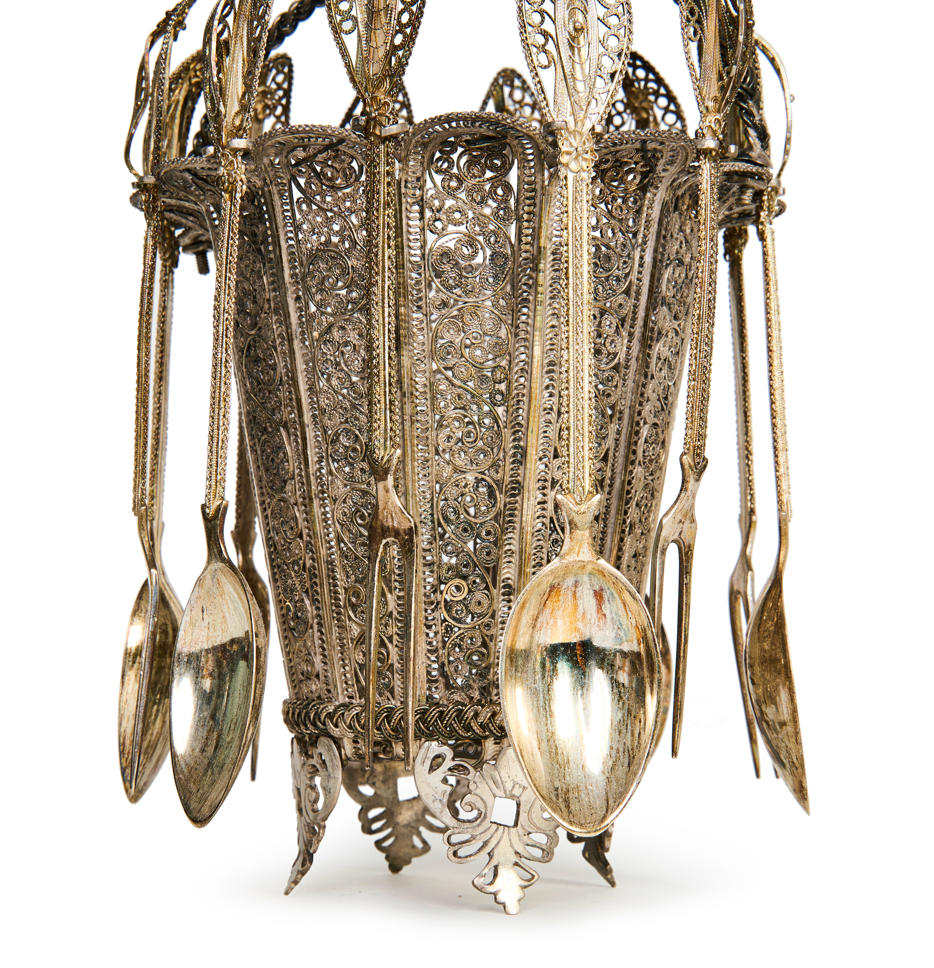 AN OTTOMAN FILIGREE SILVER BASKET SERVING SET WITH SPOONS & FORKS - Image 2 of 3