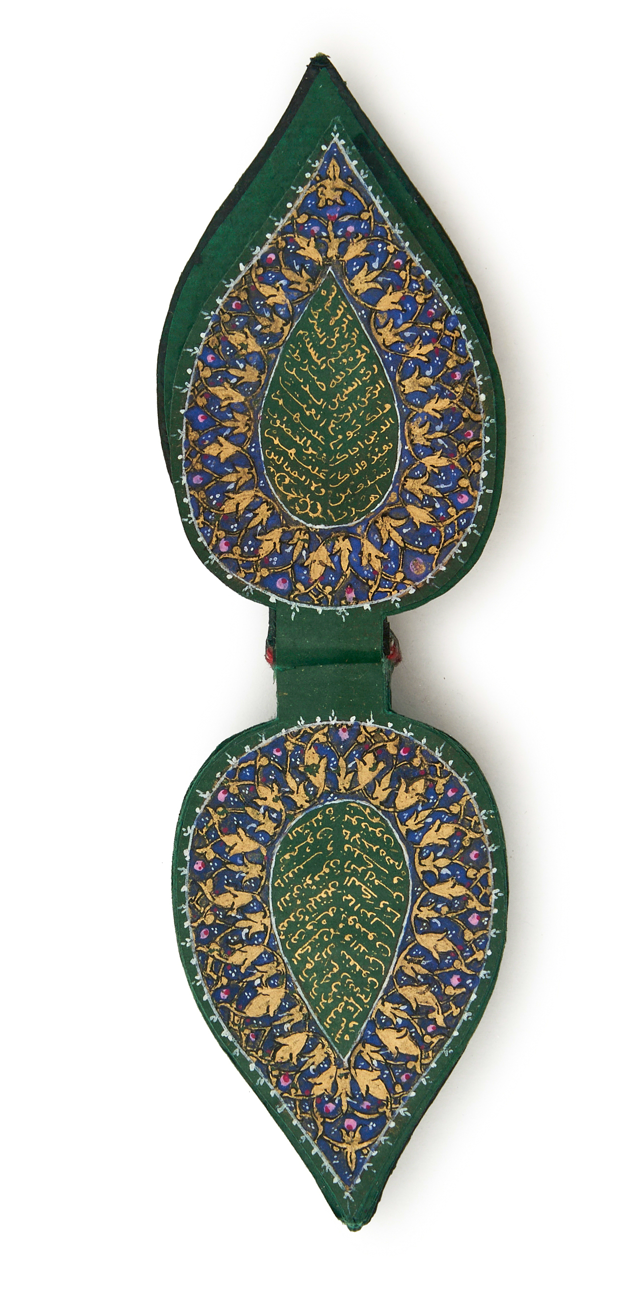 A GREEN ILLUMINATED MINIATURE QURAN IN THE FORM OF A LEAF, MUGHAL, INDIA, 19TH CENTURY OR LATER