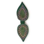 A GREEN ILLUMINATED MINIATURE QURAN IN THE FORM OF A LEAF, MUGHAL, INDIA, 19TH CENTURY OR LATER